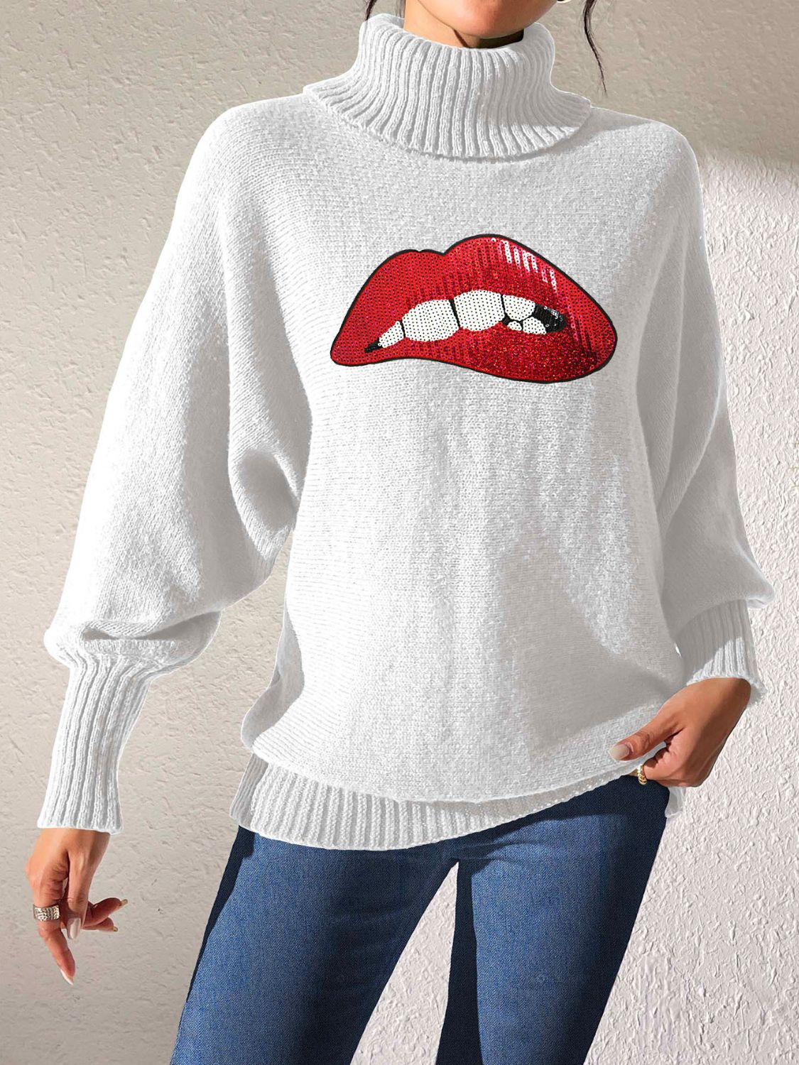 Lip Turtleneck Long Sleeve Sweater