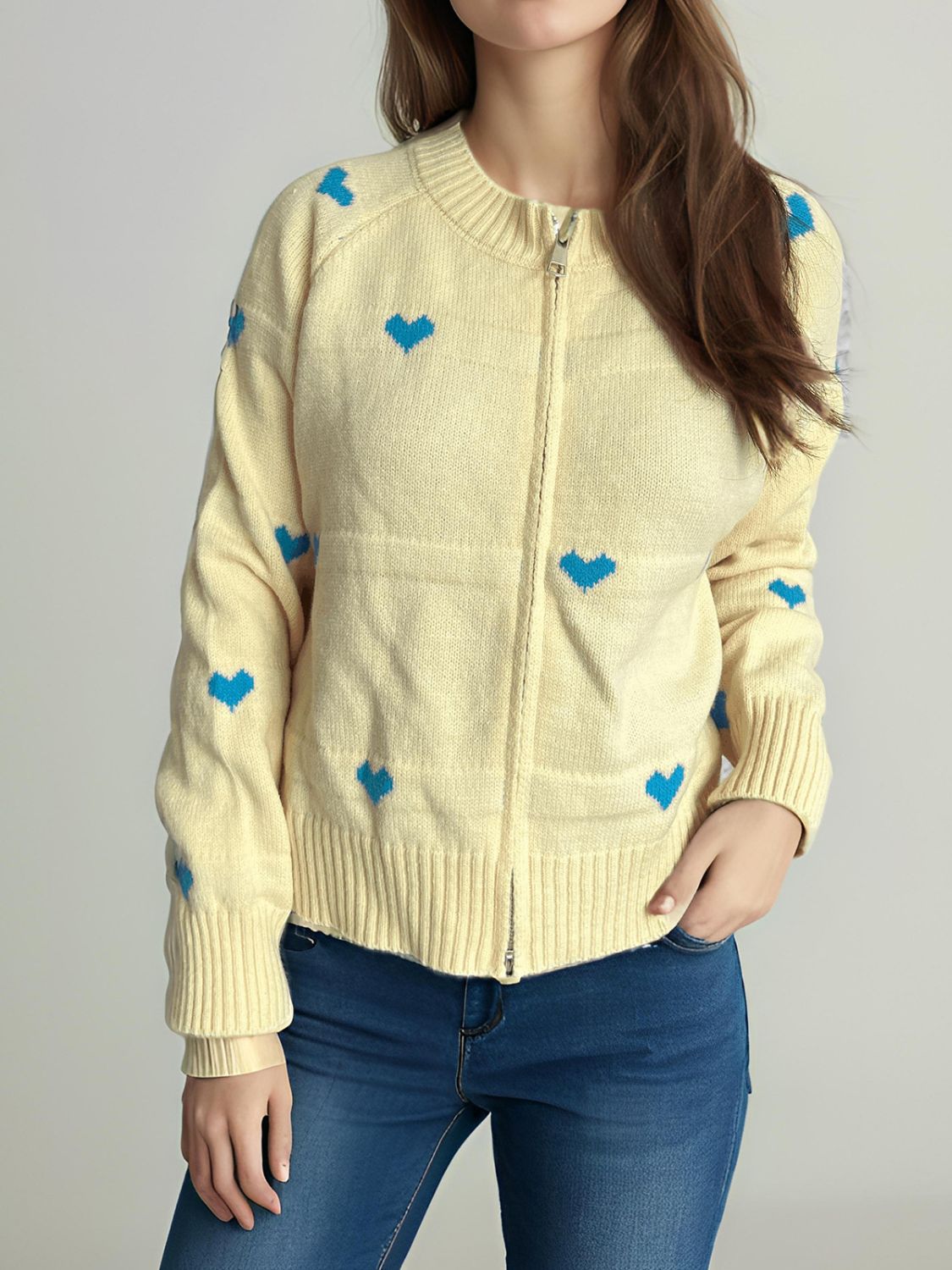 Heart Round Neck Zip Up Cardigan