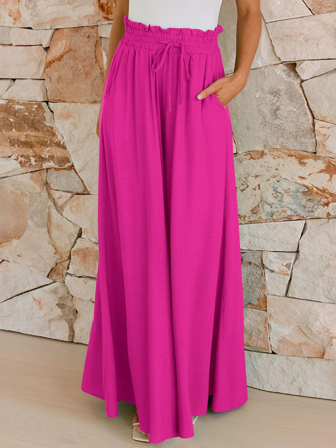 Drawstring Wide Leg Pants with Pockets