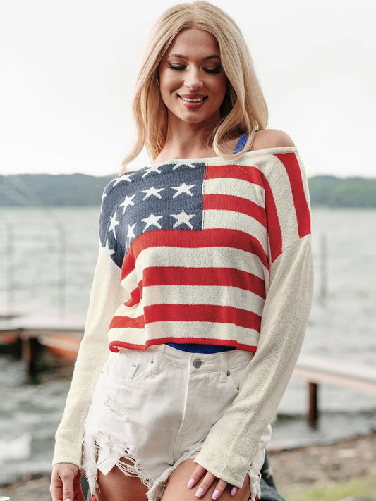 Perfee US Flag Boat Neck Long Sleeve Knit Top