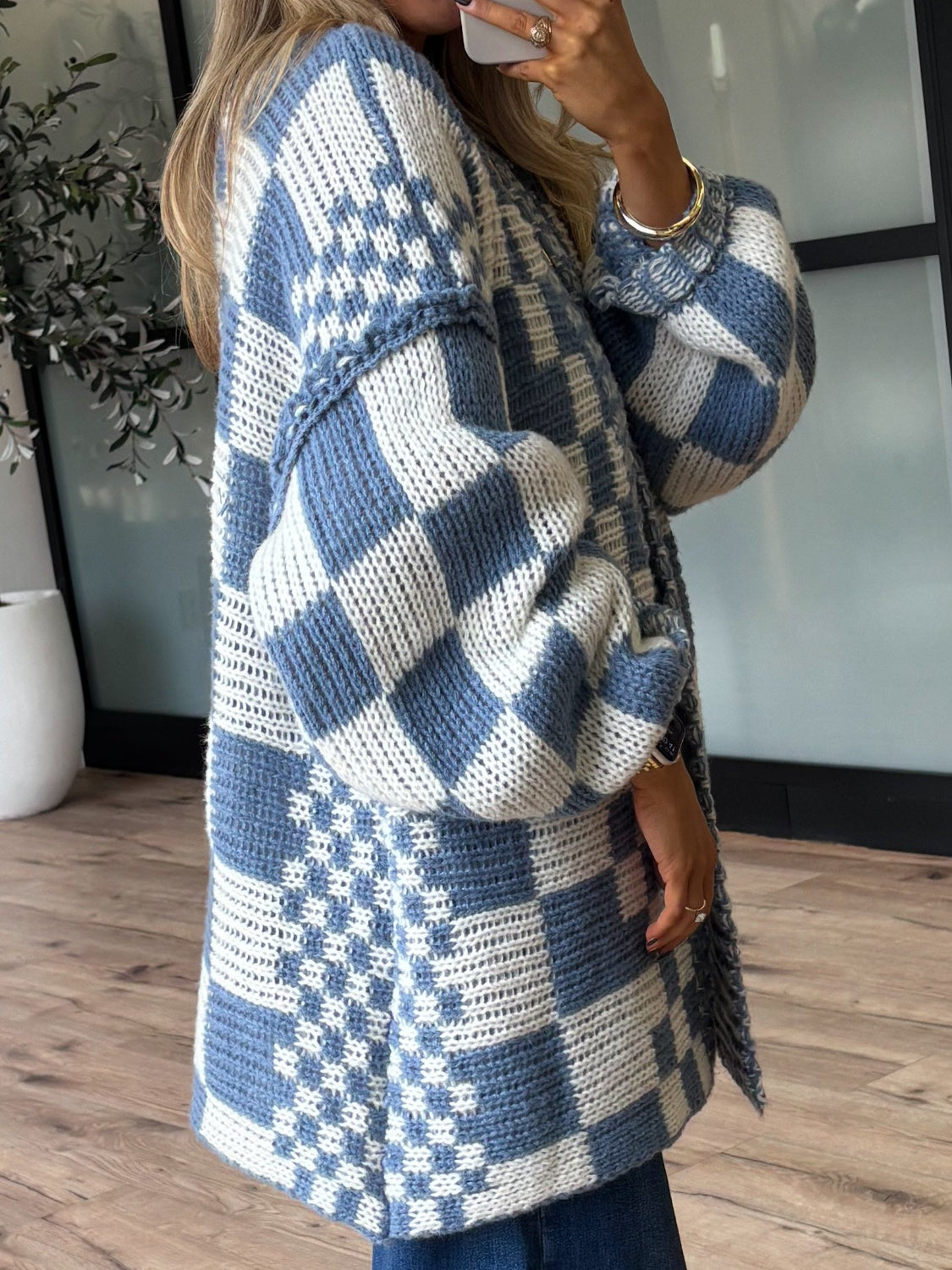 Checkered Open Front Long Sleeve Cardigan