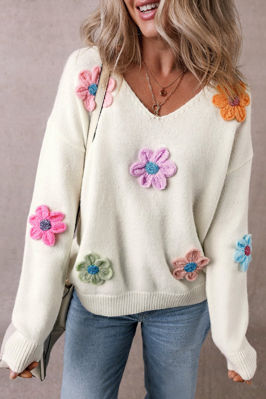 Crochet Flower V-Neck Long Sleeve Sweater