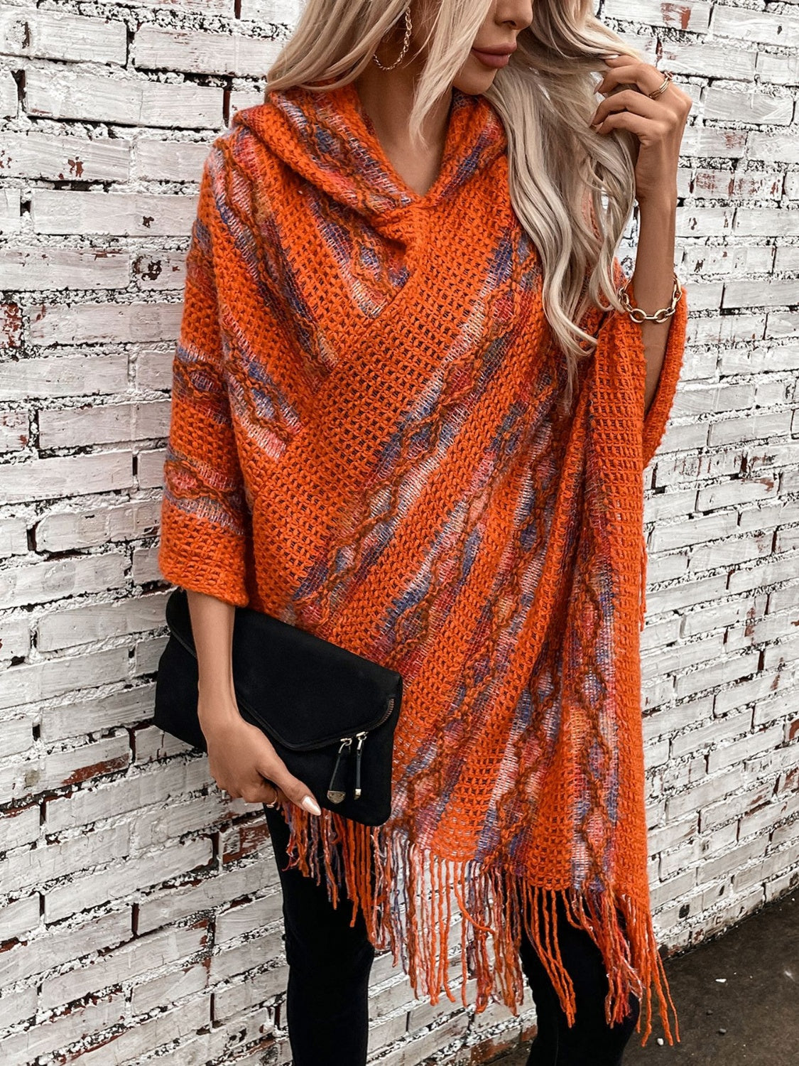 Fringe Contrast Hooded Poncho