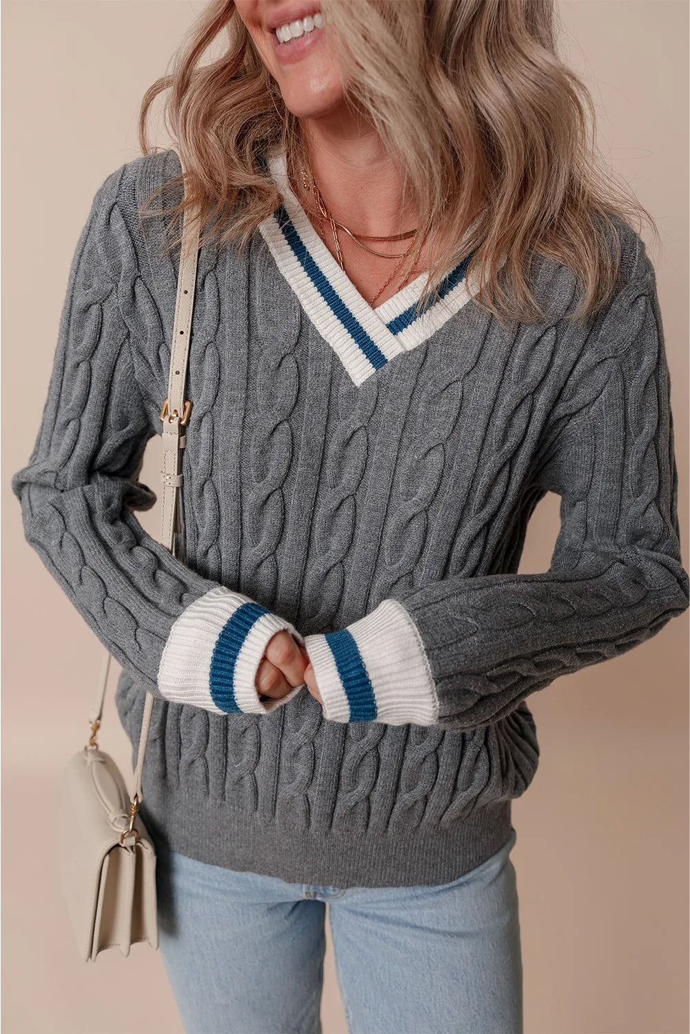 Cable-Knit V-Neck Long Sleeve Sweater