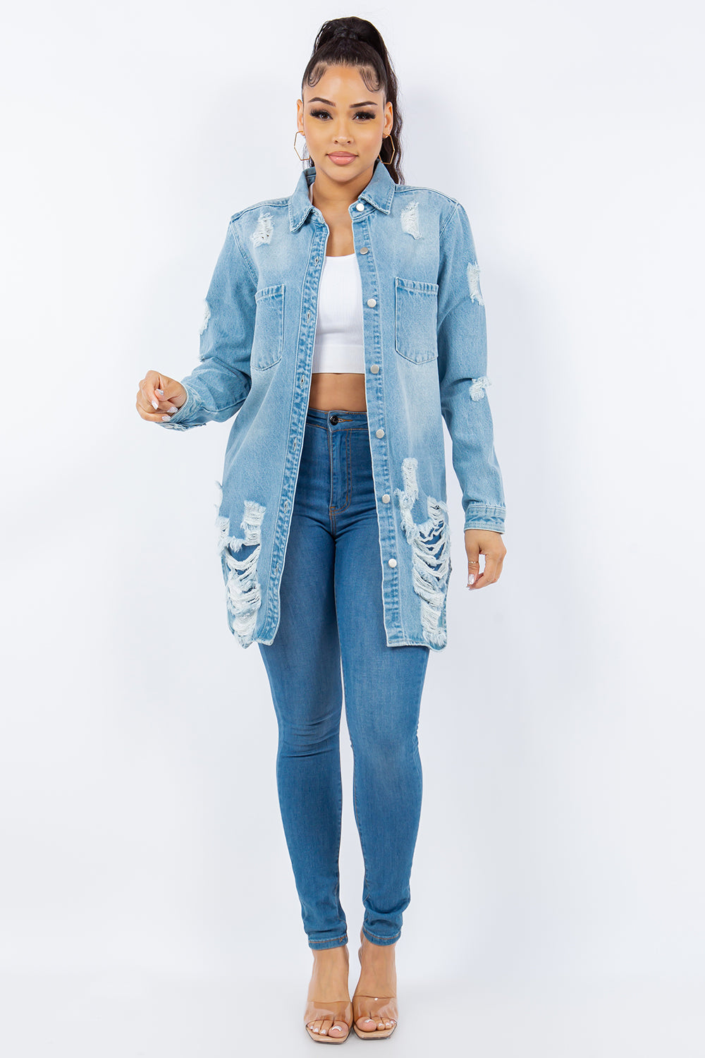 American Bazi Distressed Button Up Long Sleeve Denim Jacket