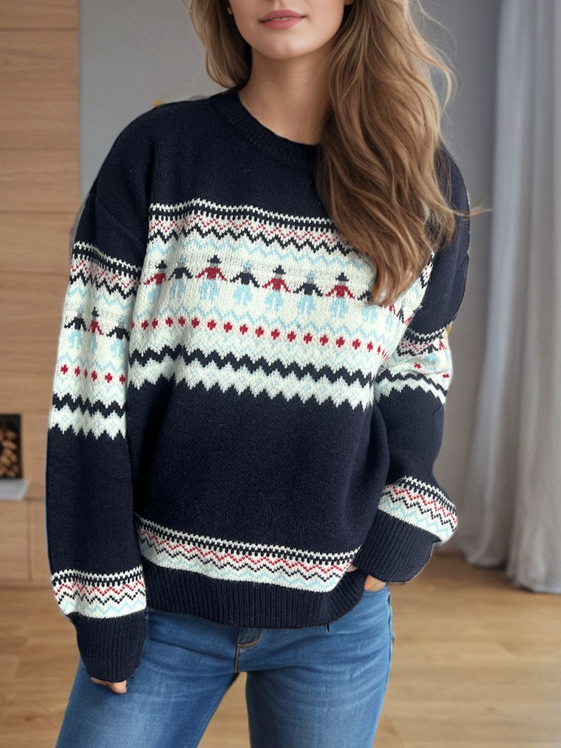 Contrast Round Neck Dropped Shoulder Sweater