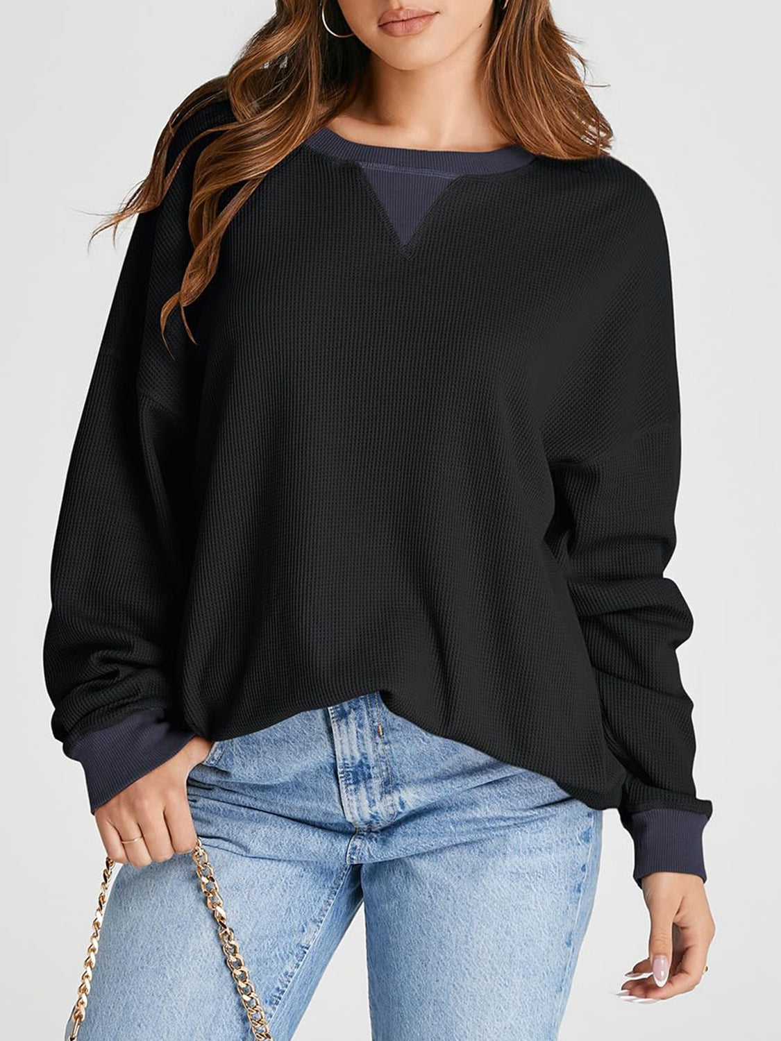 Waffle Knit Round Neck Long Sleeve T-Shirt