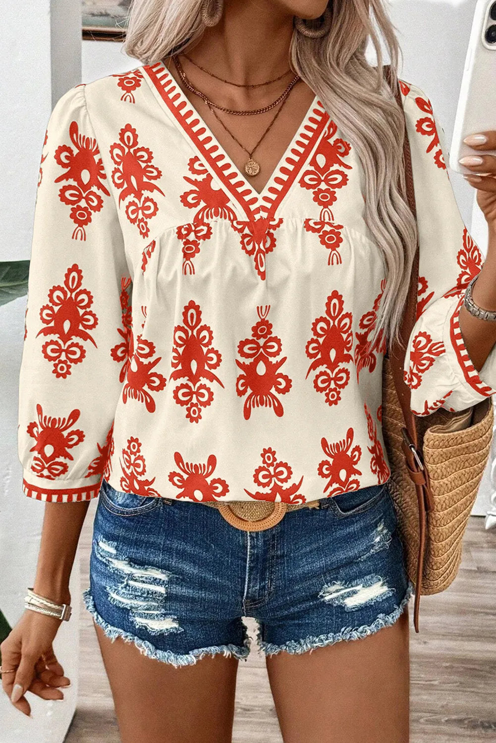 Printed V-Neck Three-Quarter Sleeve Blouse