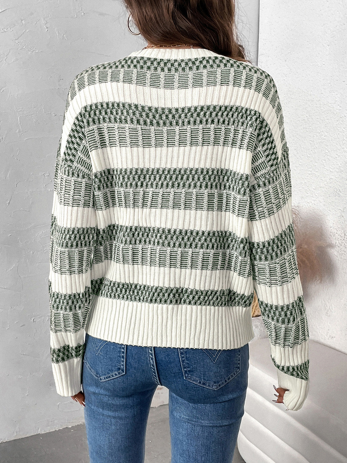 Perfee Contrast Round Neck Long Sleeve Sweater