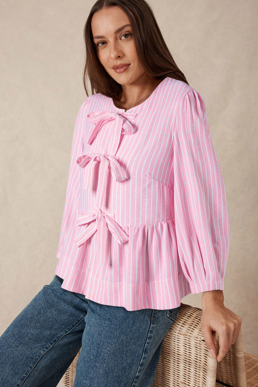 Tied Bow Striped Round Neck Blouse