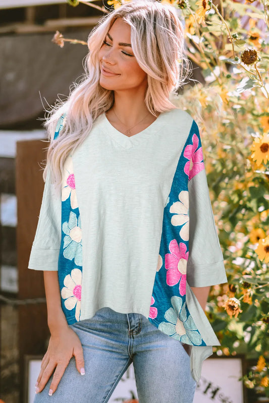 Slit Floral V-Neck Three-Quarter Sleeve Blouse