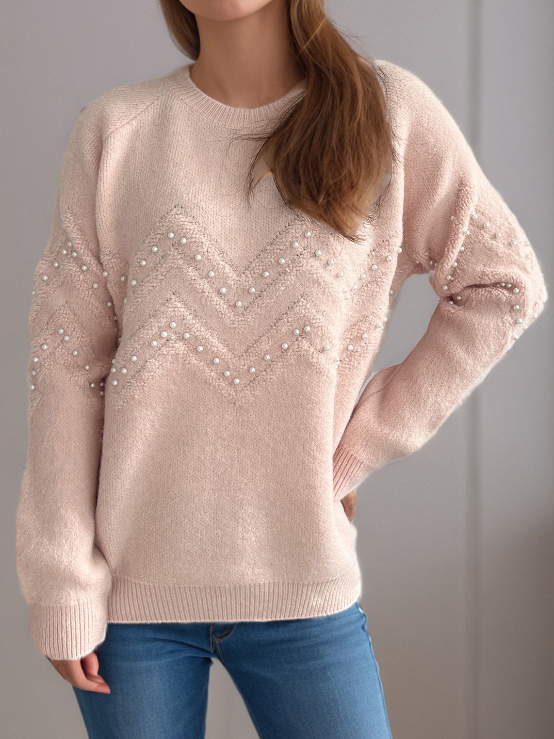 Pearl Trim Round Neck Raglan Sleeve Sweater