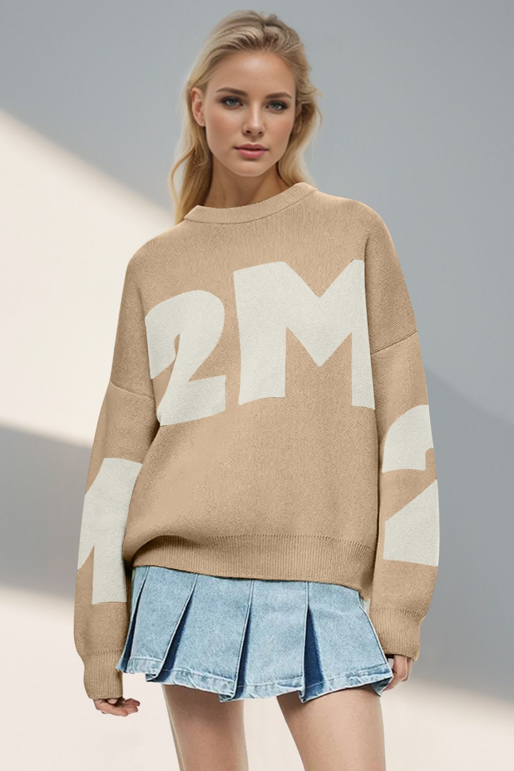 Basic Bae Contrast Letter Round Neck Long Sleeve Sweater