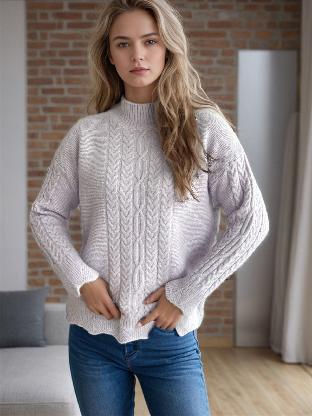 Cable-Knit Mock Neck Dropped Shoulder Sweater