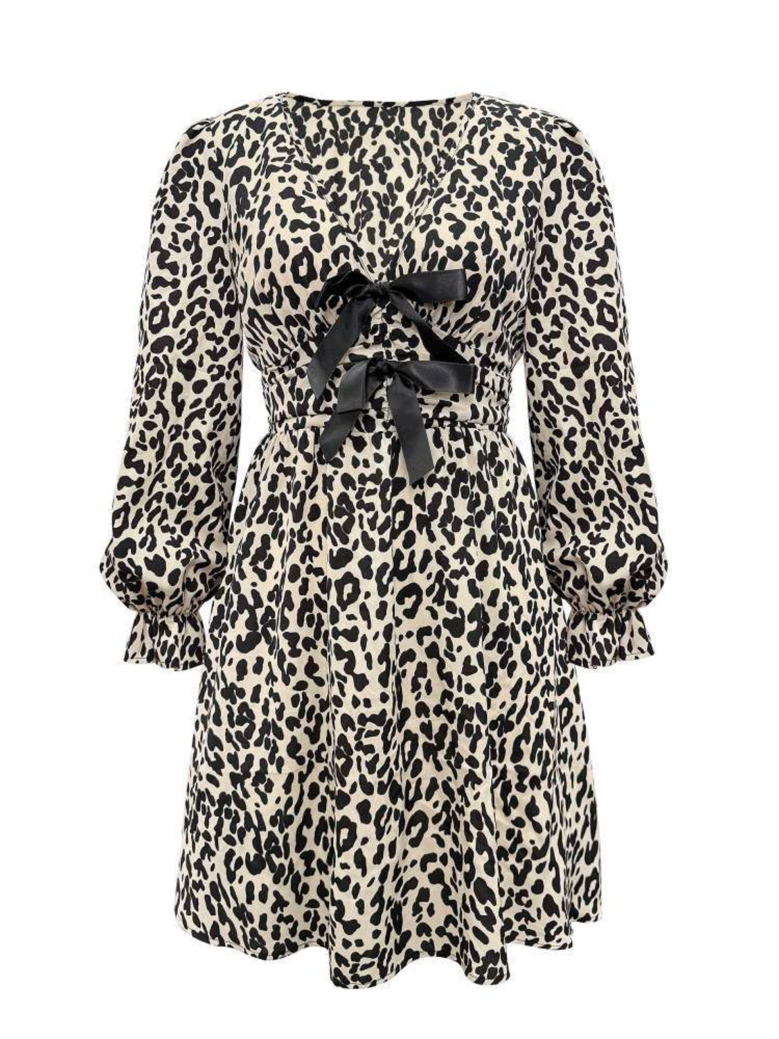 Leopard V-Neck Flounce Sleeve Dress