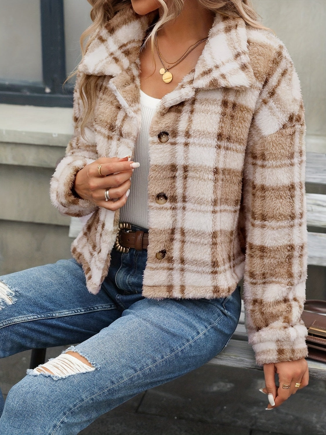 Plaid Button Up Collared Neck Long Sleeve Jacket