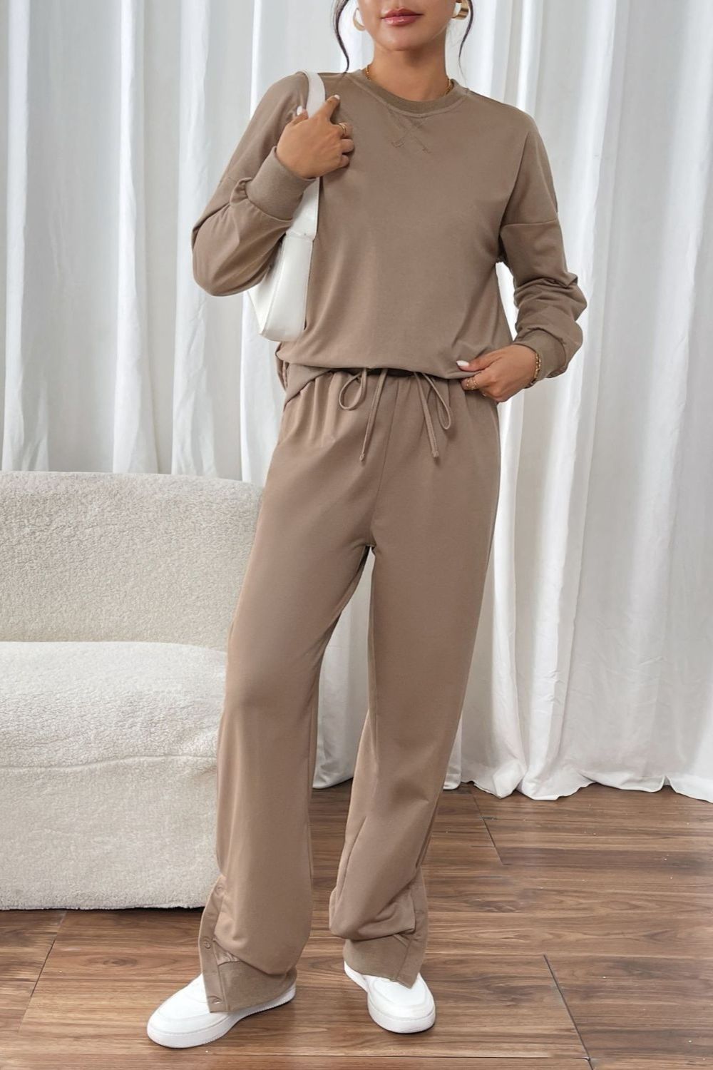 Perfee Round Neck Long Sleeve Top and Pants Set