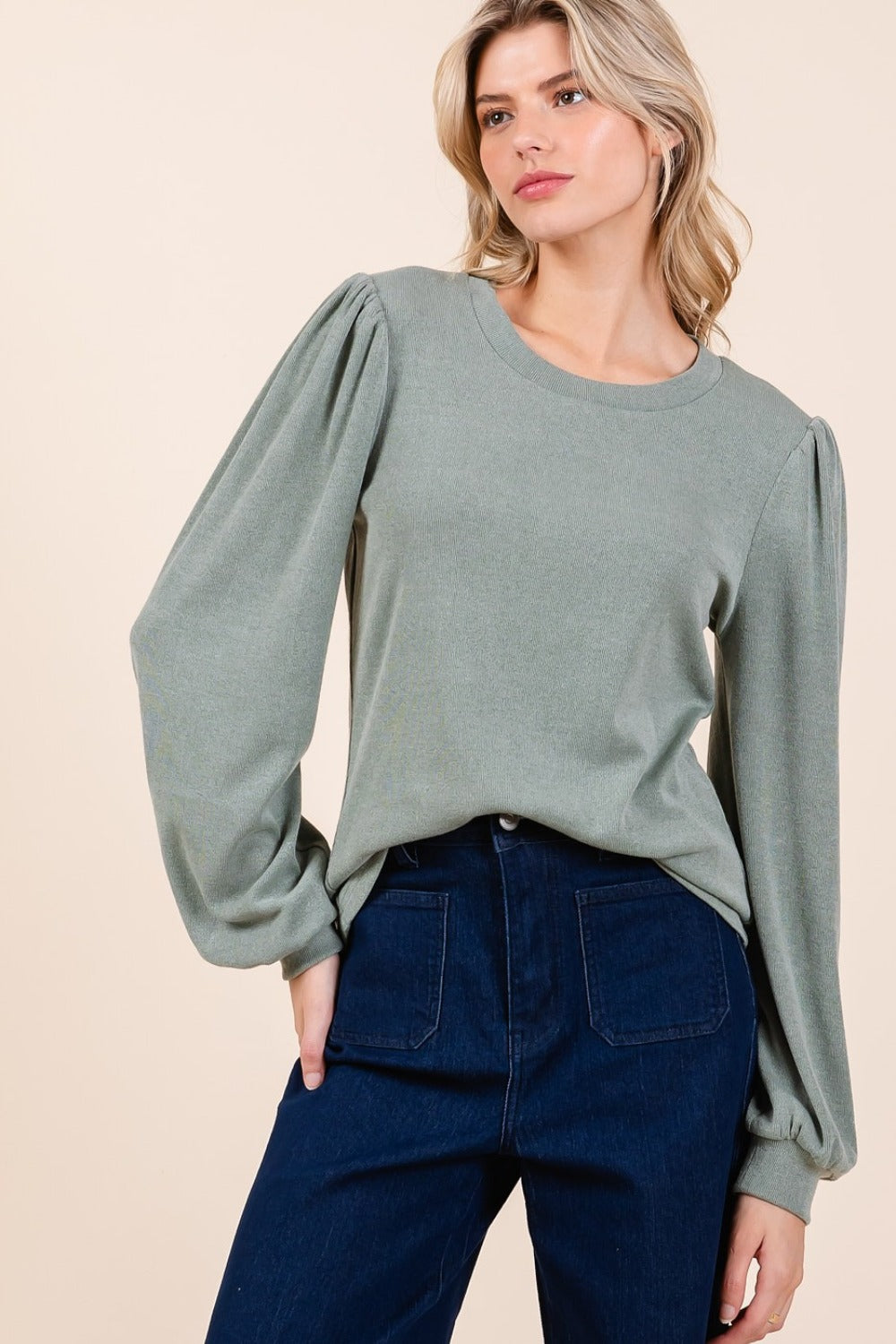 Mittoshop Round Neck Long Sleeve Rib Knit Top