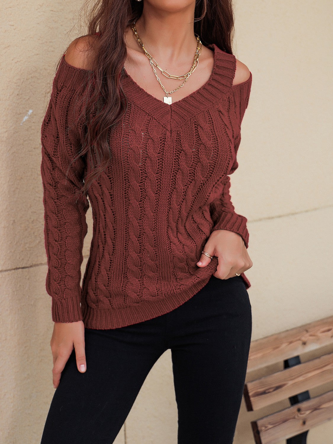 Honey Cable-Knit V-Neck Cold Shoulder Sweater