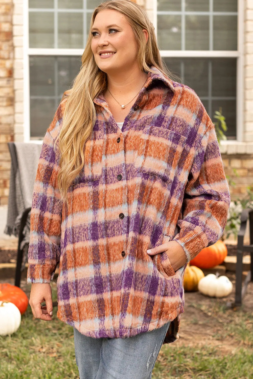 Plus Size Plaid Collared Neck Long Sleeve Jacket