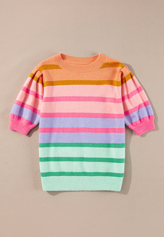 Striped Round Neck Half Sleeve Sweater