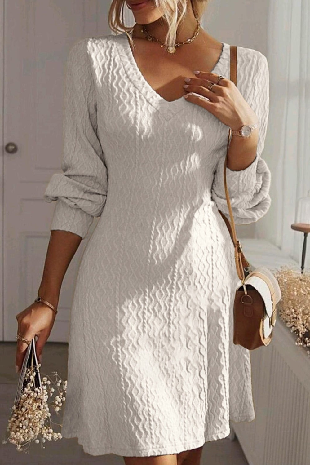 Texture V-Neck Long Sleeve Dress