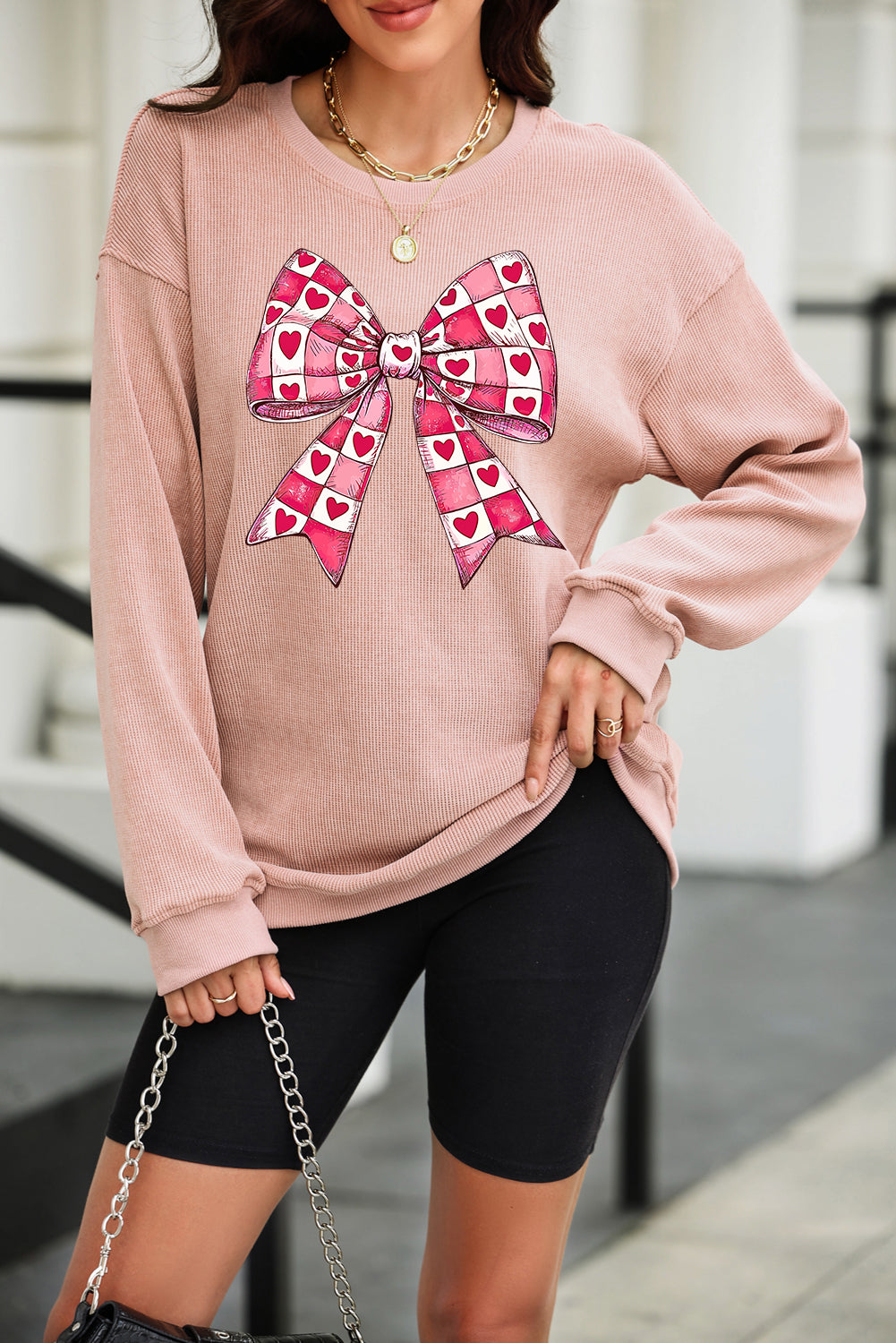 Valentine’s Day Bow Drop Shoulder Long Sleeve Sweatshirt