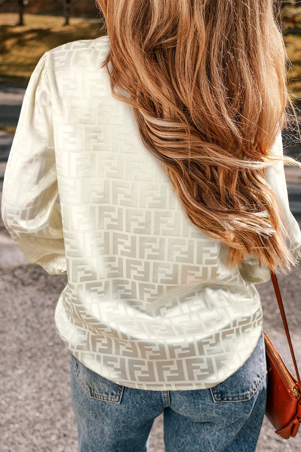 Geometric V-Neck Long Sleeve Blouse