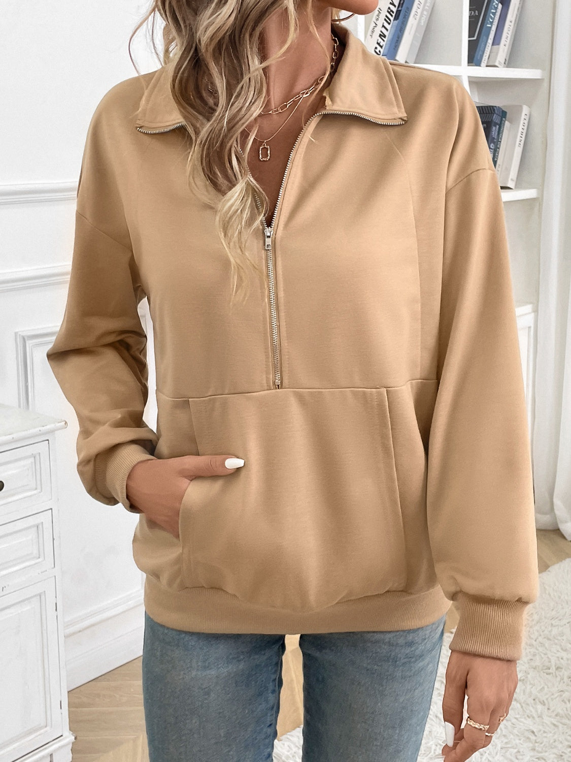 Half Zip Kangaroo Pocket Long Sleeve Sweatshirt