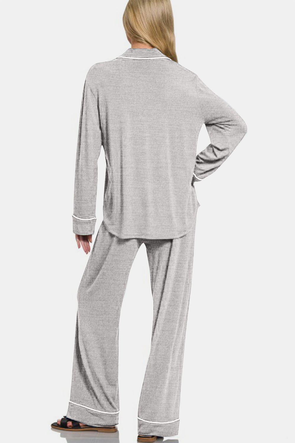 Zenana Button Down Long Sleeve Top and Pants Lounge Set