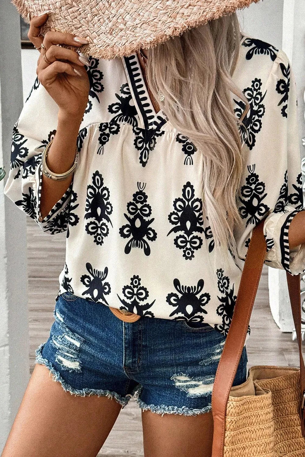 Printed V-Neck Three-Quarter Sleeve Blouse