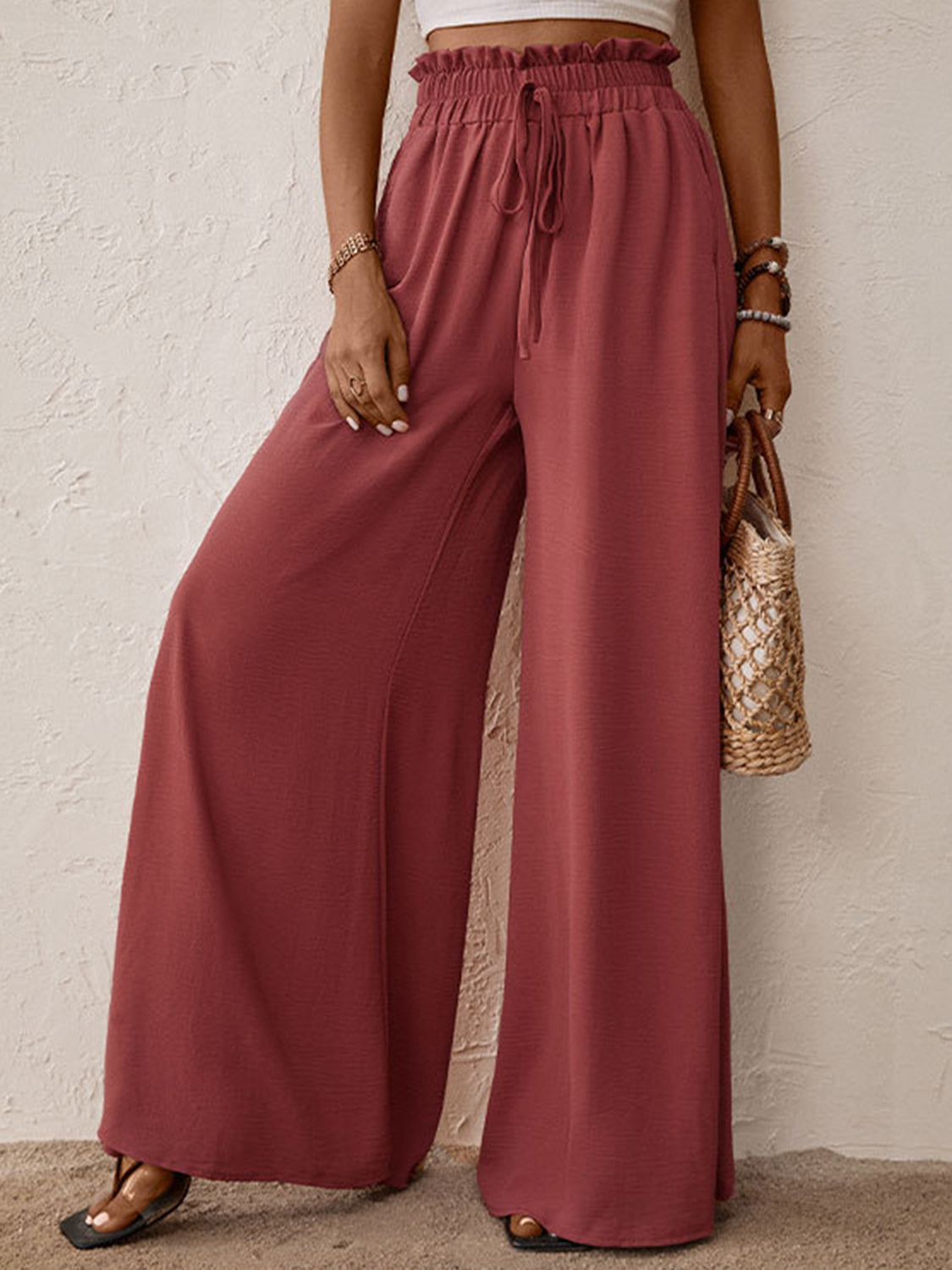 Perfee Frill Tied Wide Leg Pants