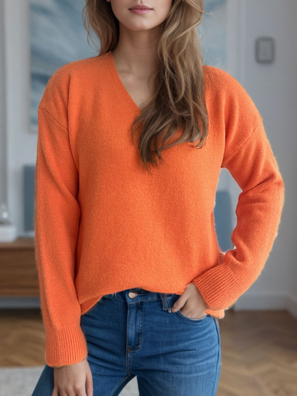 V-Neck Dropped Shoulder Long Sleeve Sweater