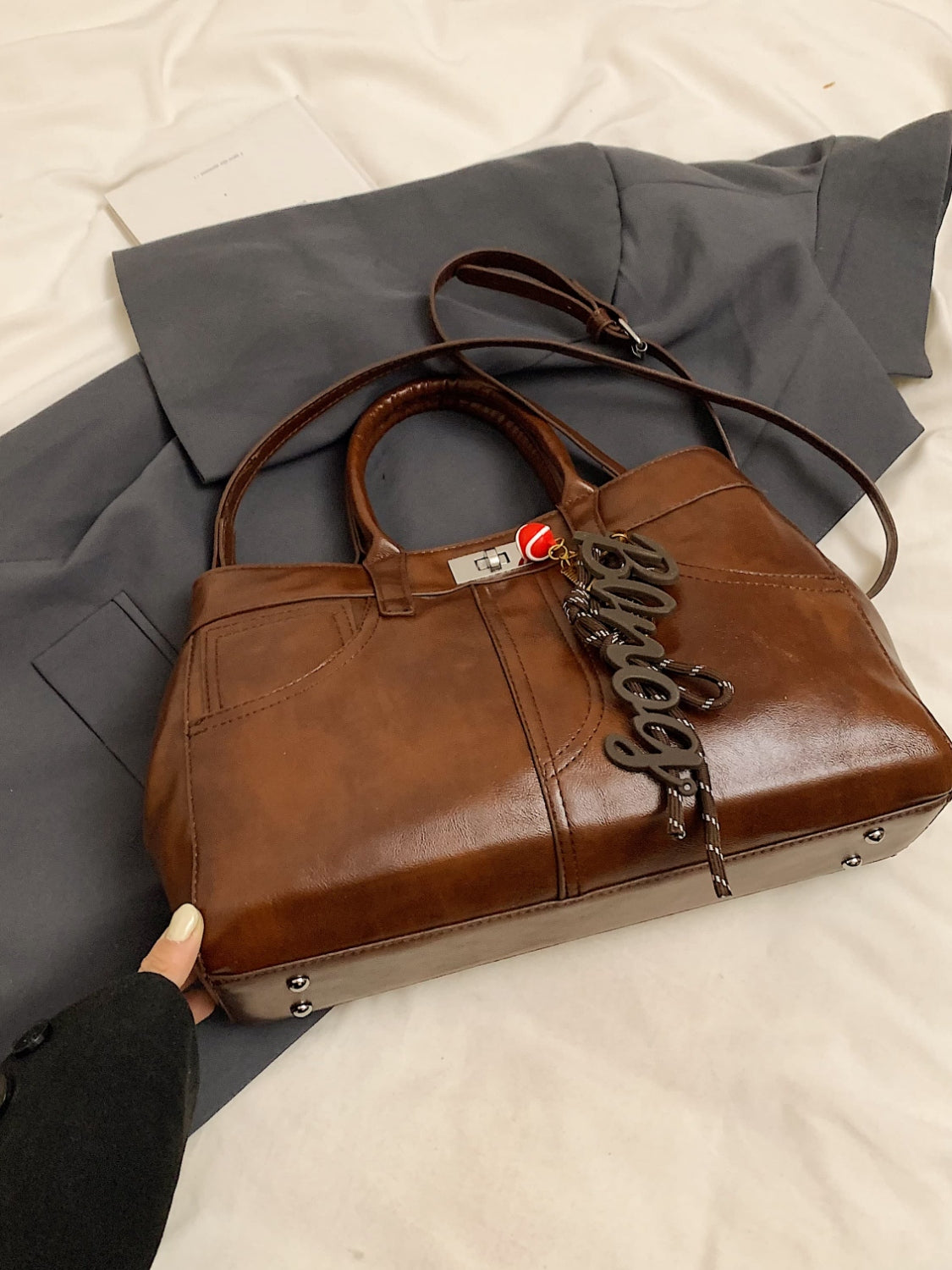 PU Leather Handbag with Pendant