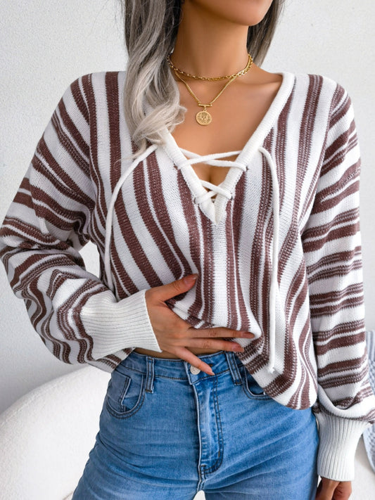 Striped Lace-Up Long Sleeve Sweater