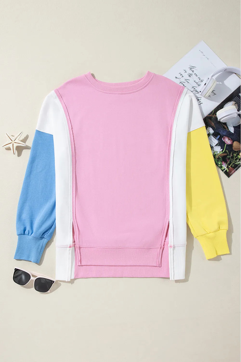 Slit Contrast Round Neck Long Sleeve Sweatshirt