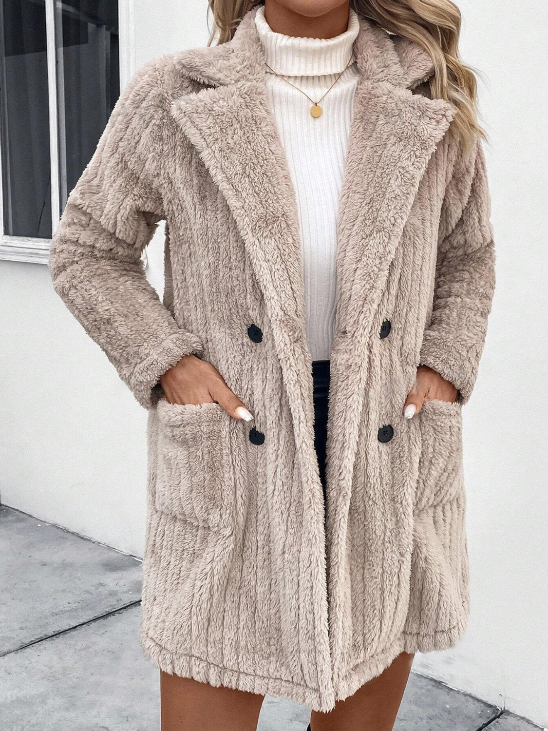 Fuzzy Button Up Long Sleeve Coat with Pockets