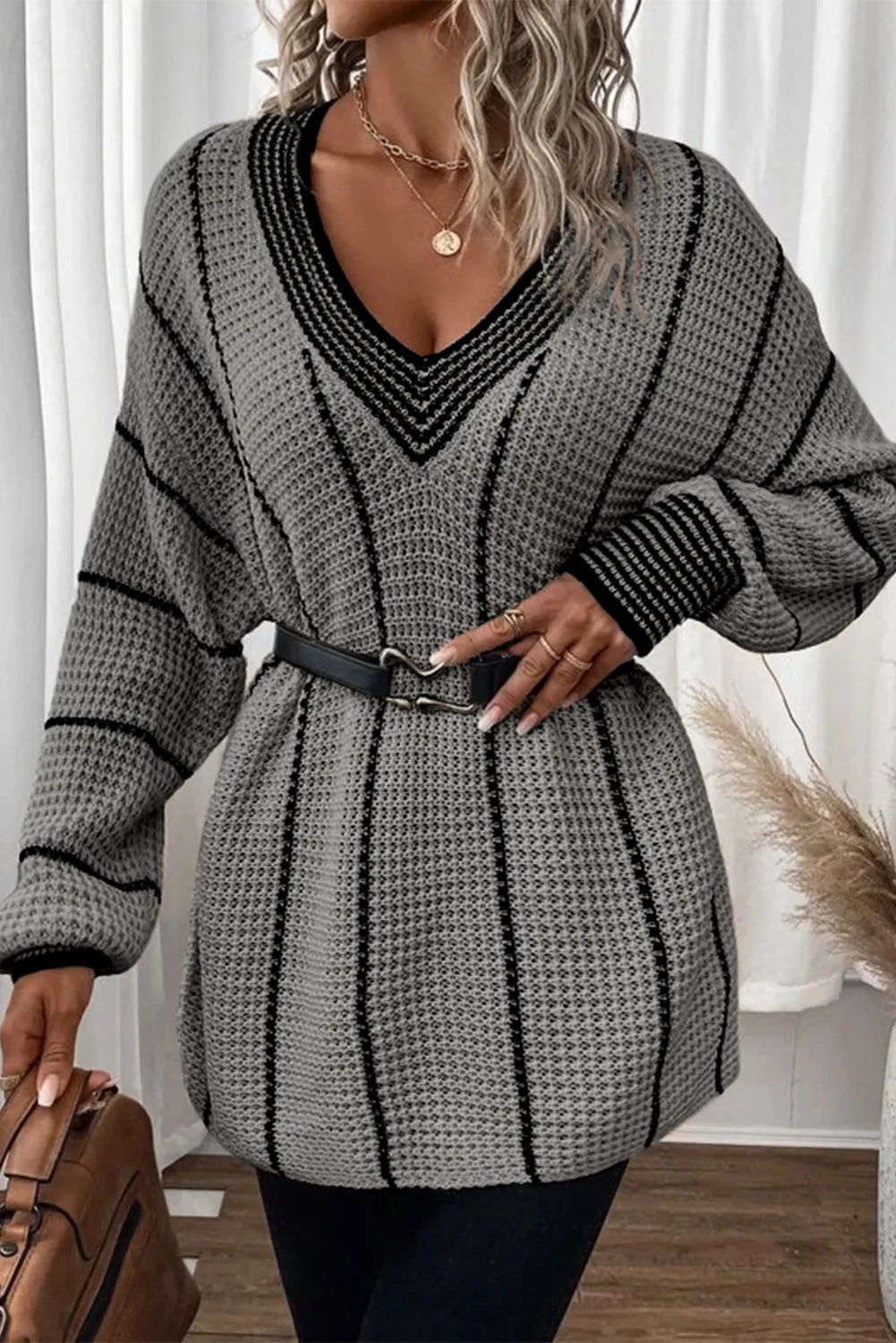 Striped V-Neck Dropped Shoulder Sweater