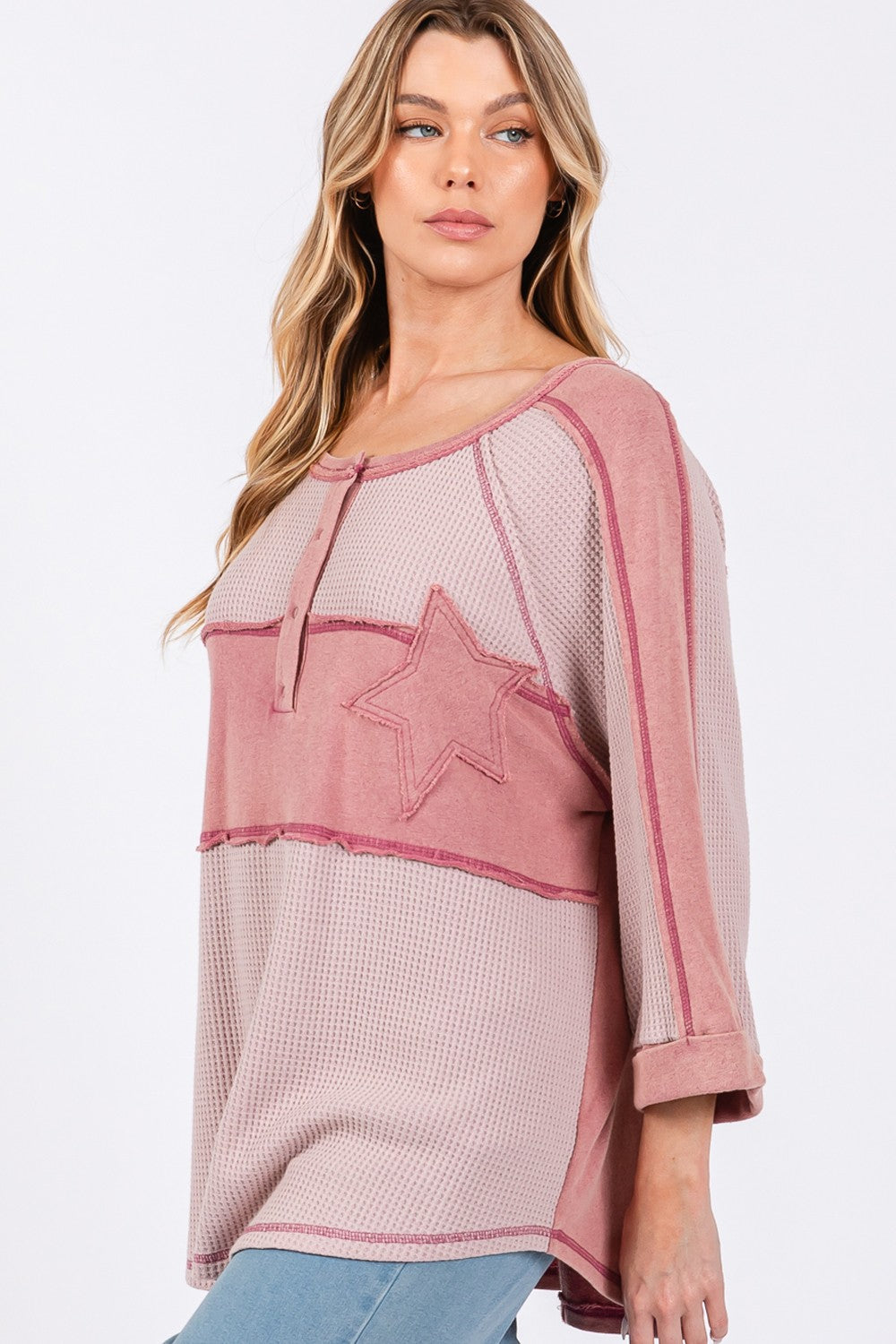 SAGE + FIG Star Applique Patch Exposed Seam Waffle Knit Top