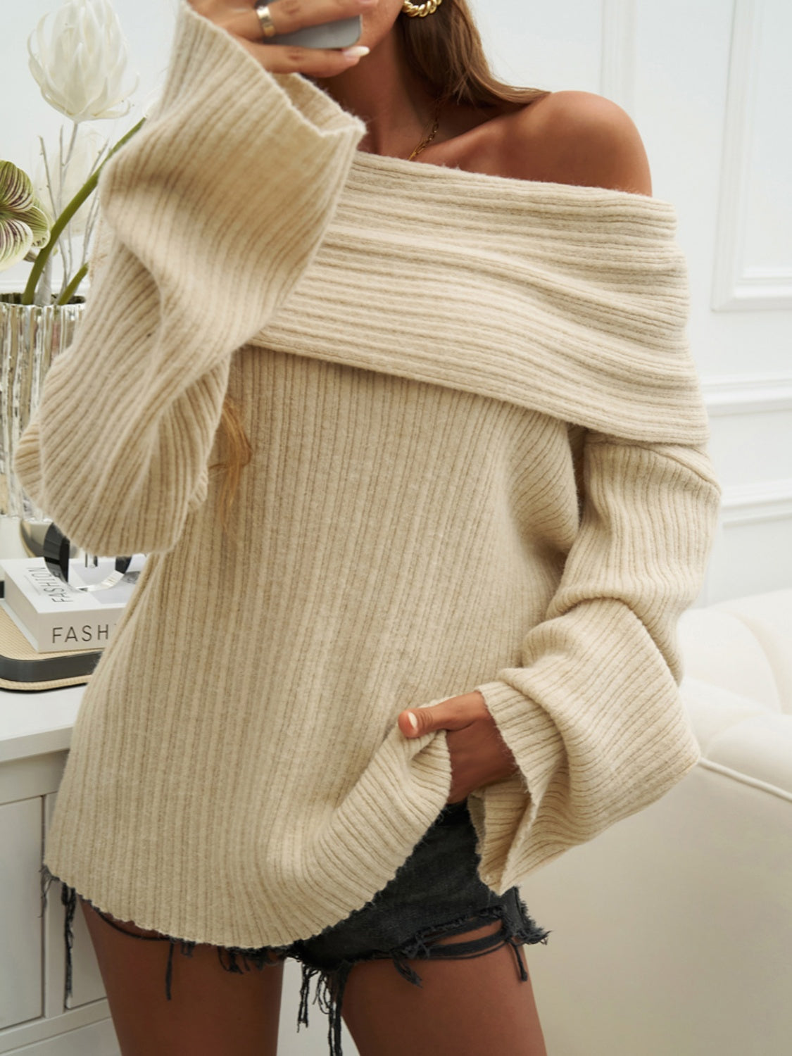 Devine Off-Shoulder Extra-Long Sleeve Sweater