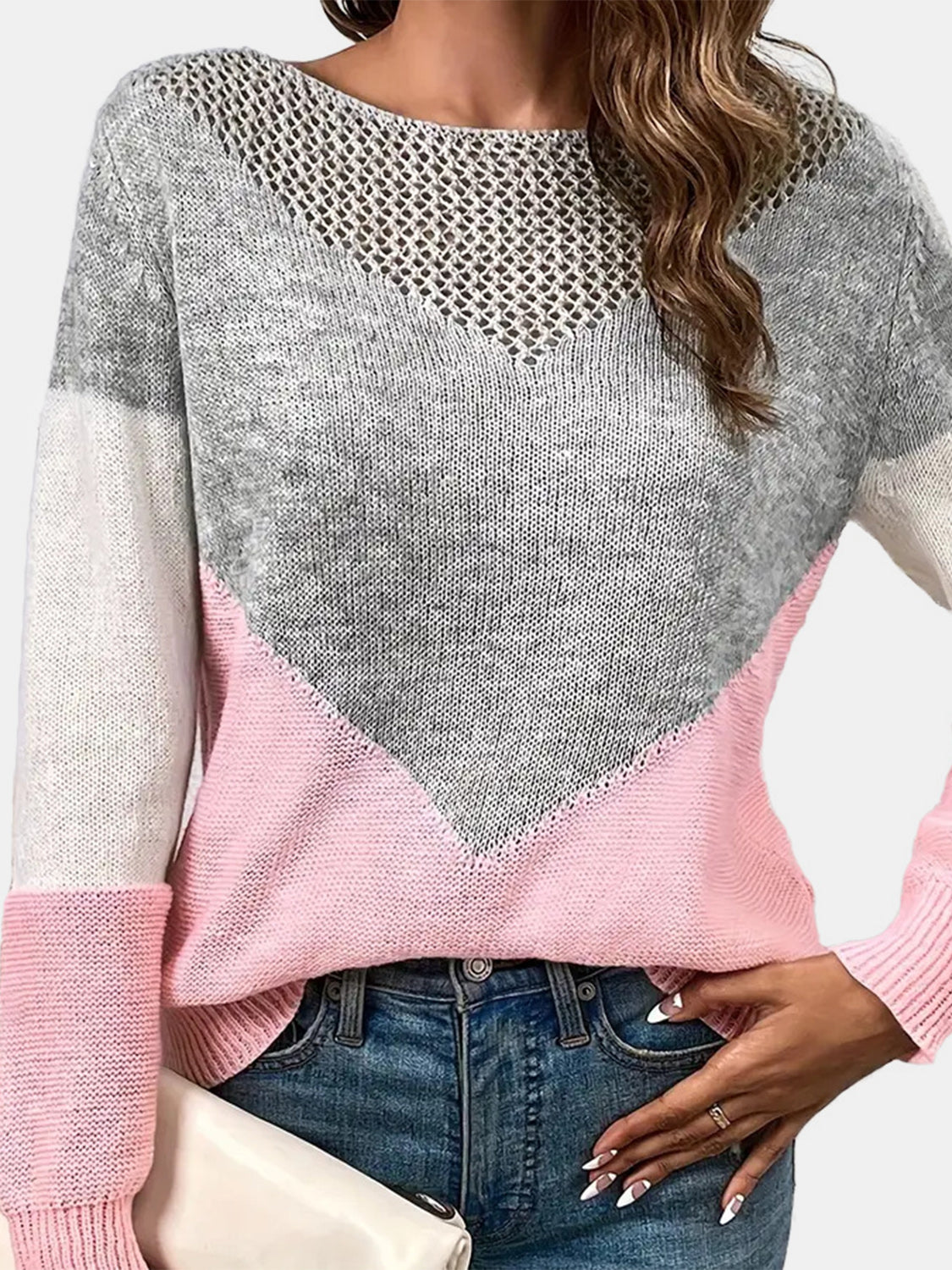 Openwork Contrast Round Neck Long Sleeve Knit Top