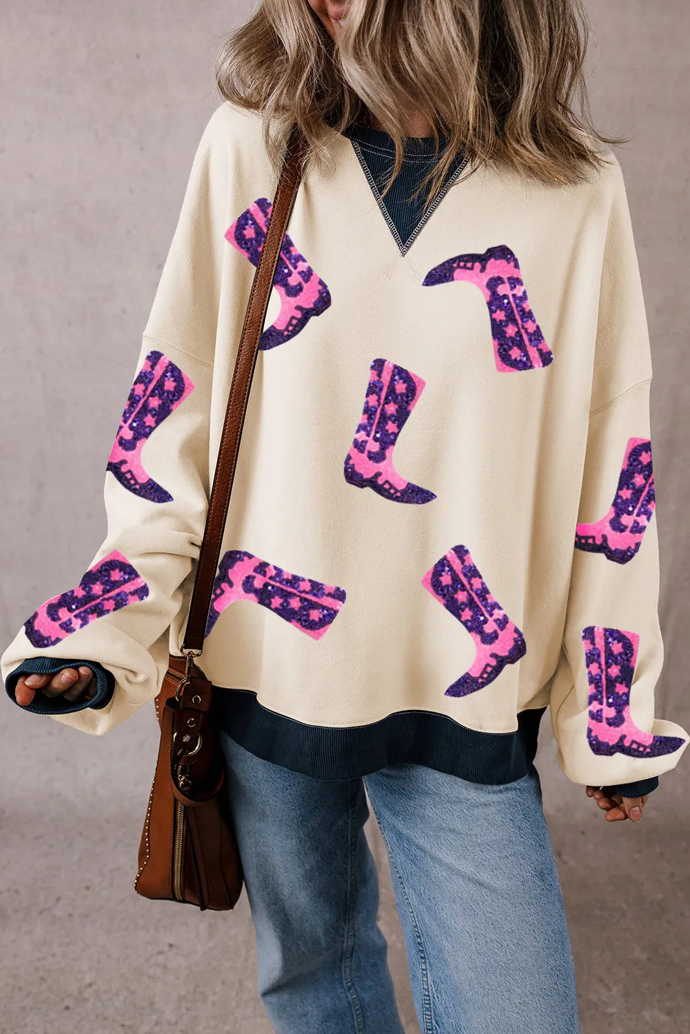 Sequin Boots Round Neck Long Sleeve Sweatshirt