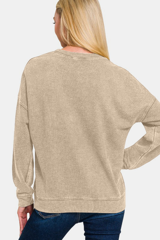 Zenana Washed Round Neck Dropped Shoulder Sweatshirt