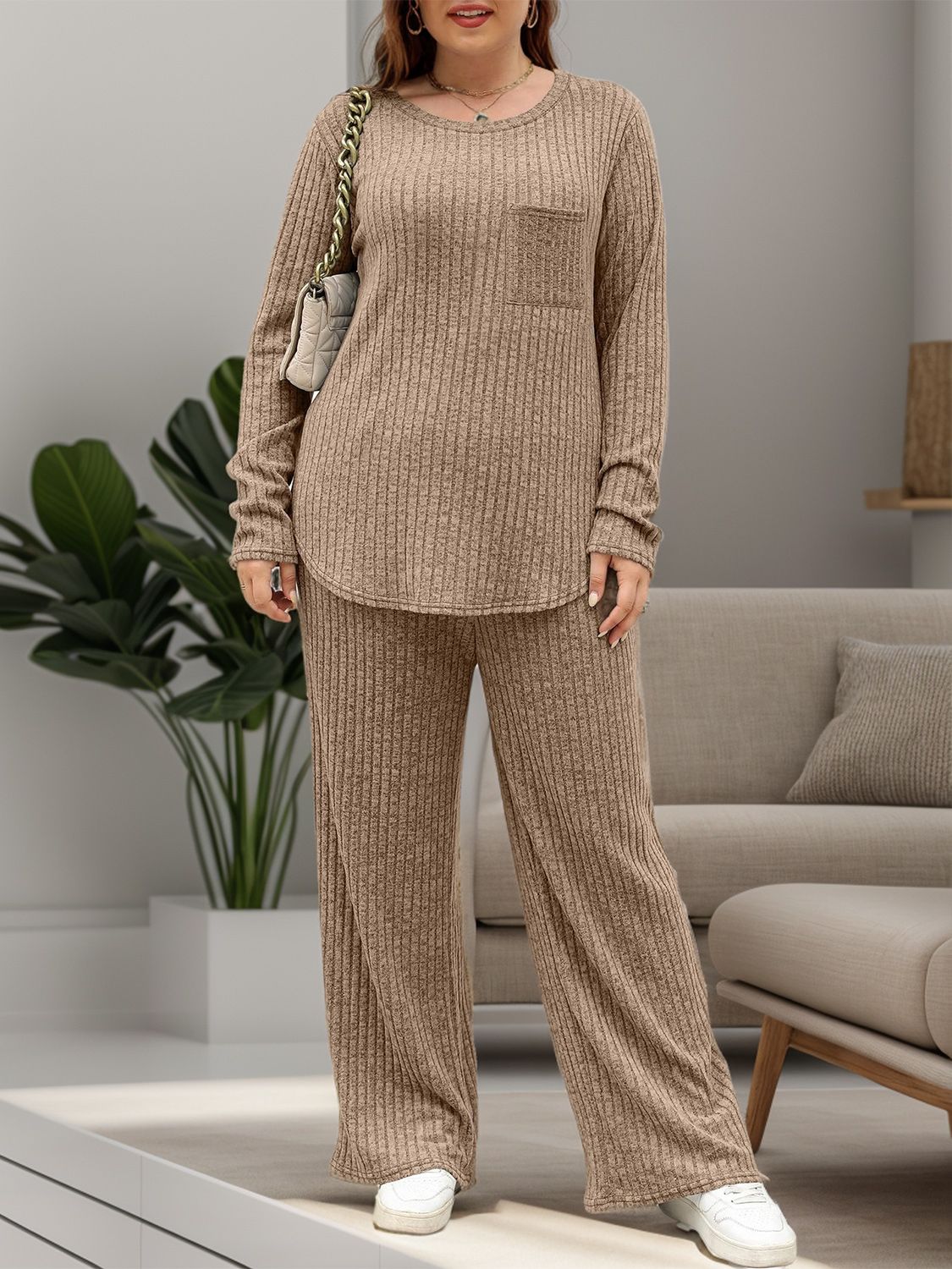 Round Neck Long Sleeve Top and Pants Set