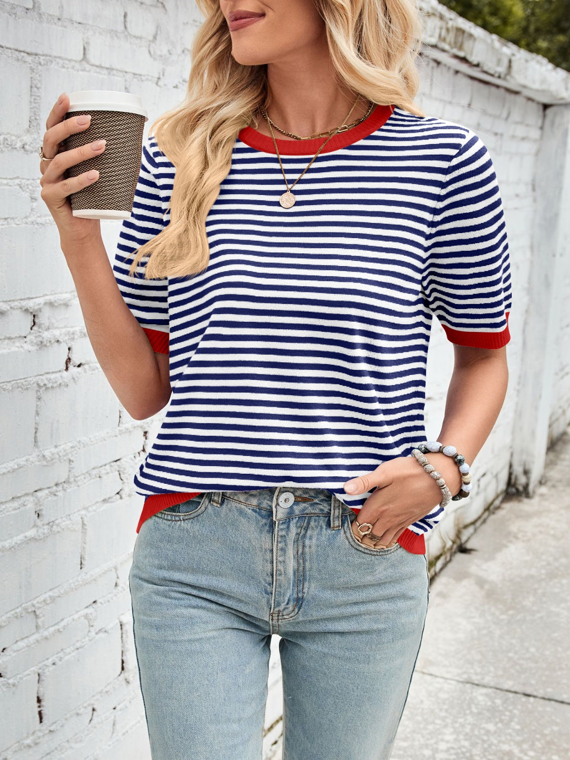 Lovelet Striped Contrast Round Neck Half Sleeve Knit Top