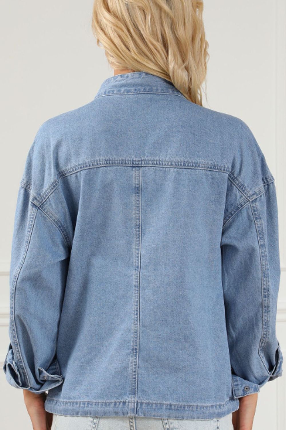 Drawstring Snap Down Denim Jacket with Chest Pockets