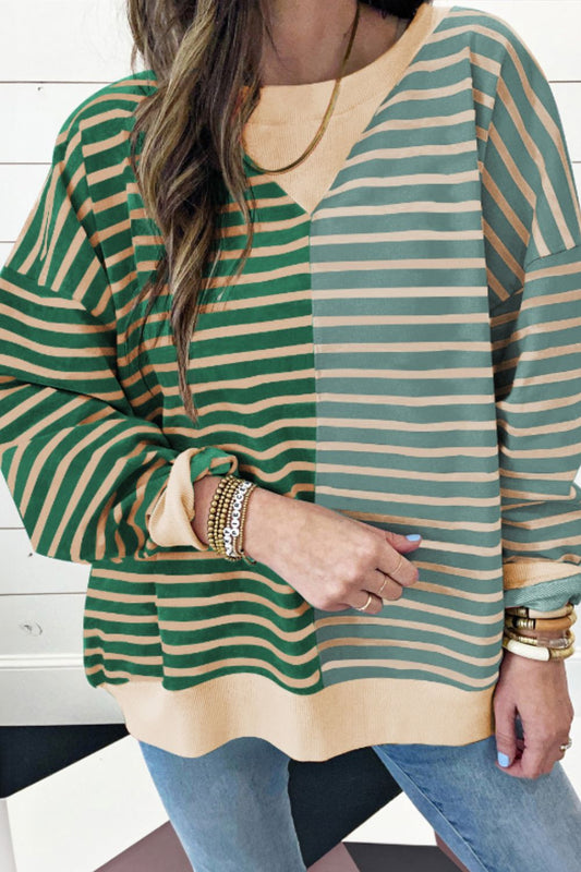 Contrast Striped Round Neck Long Sleeve Sweatshirt