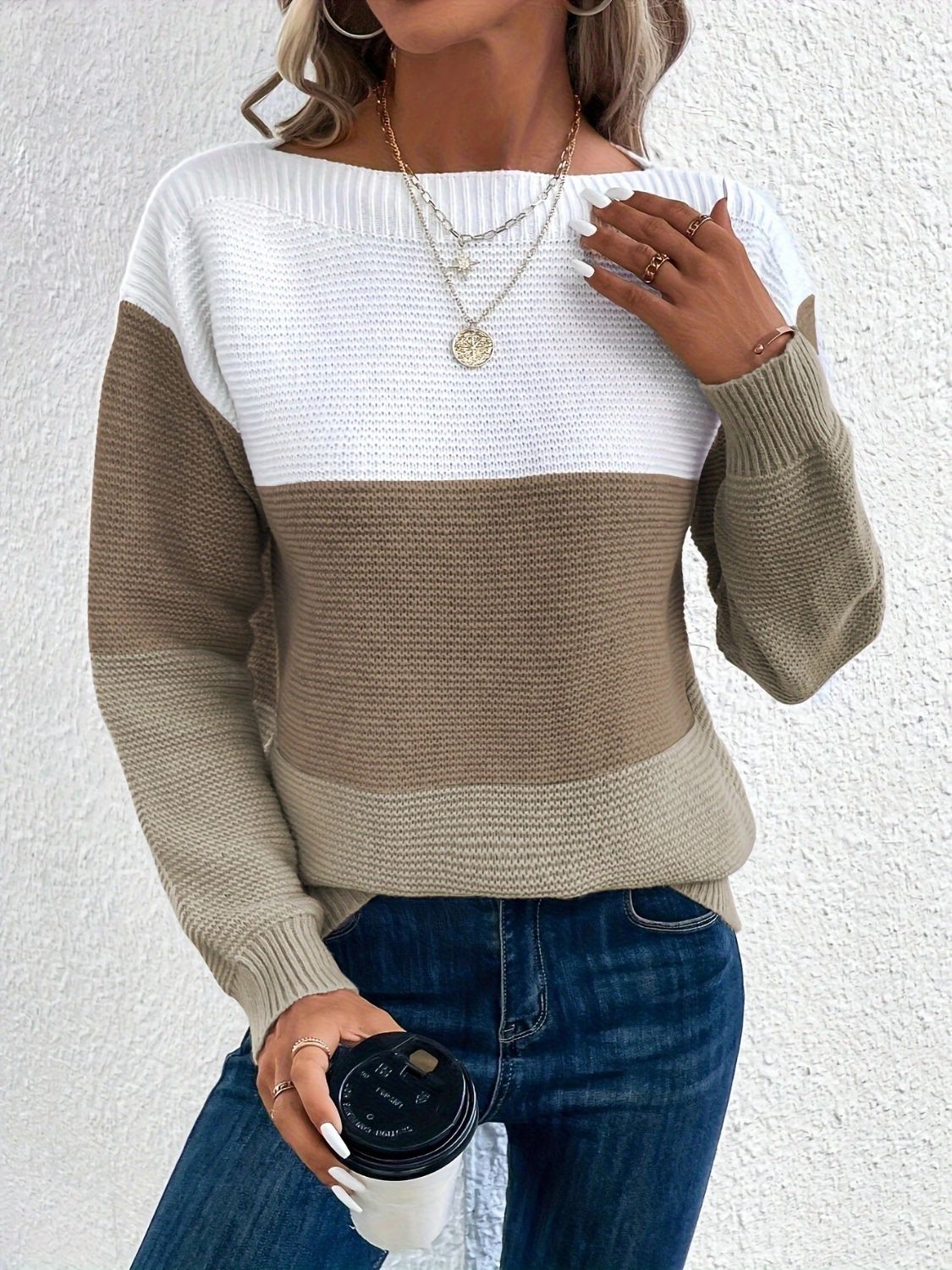 Color Block Boat Neck Sweater