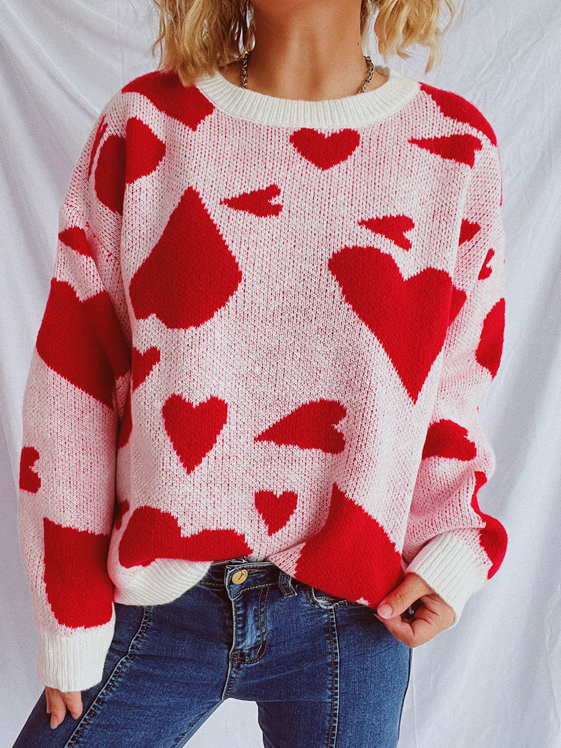 Heart Round Neck Long Sleeve Sweater