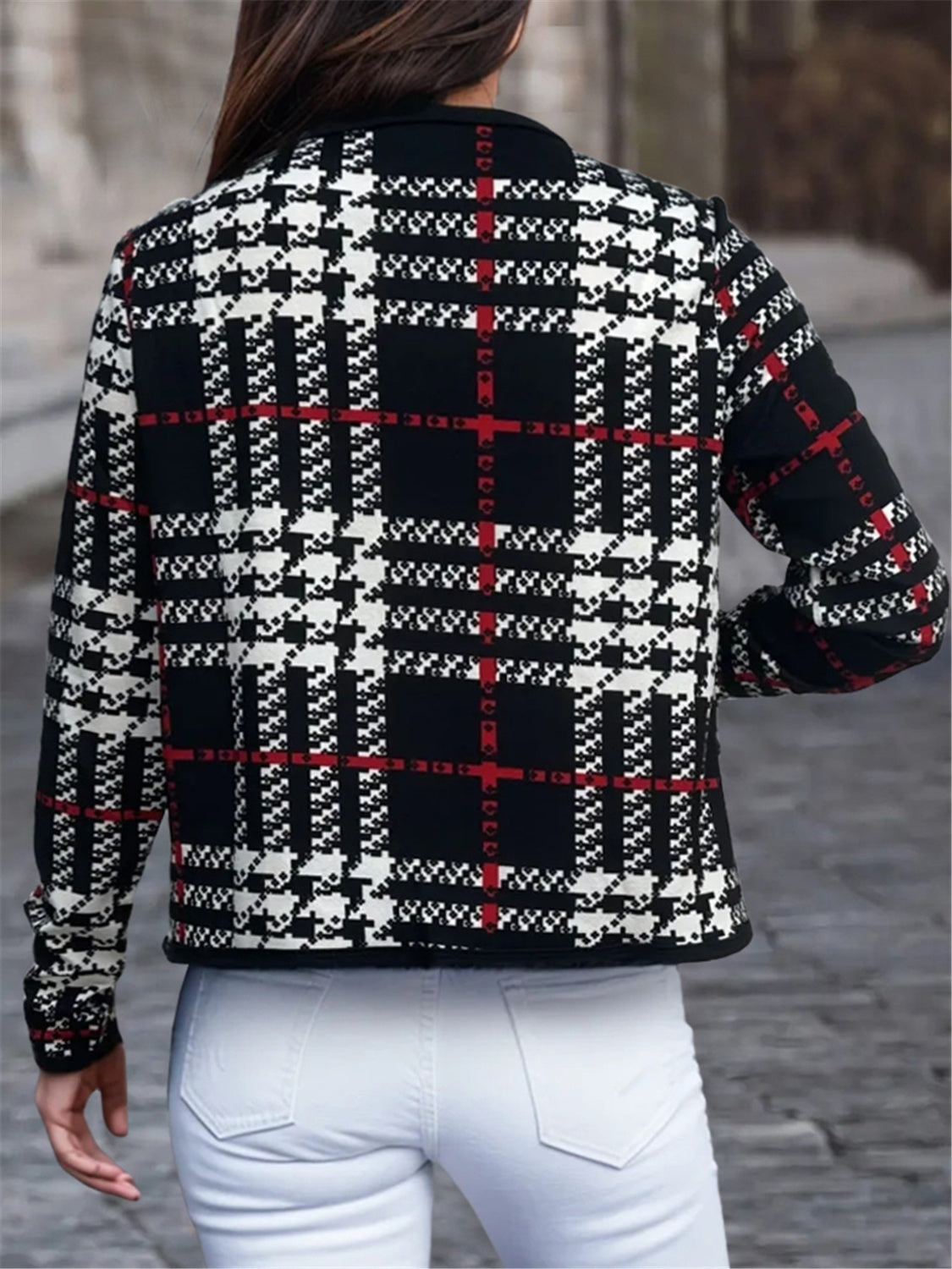 Plaid Open Front Long Sleeve Jacket